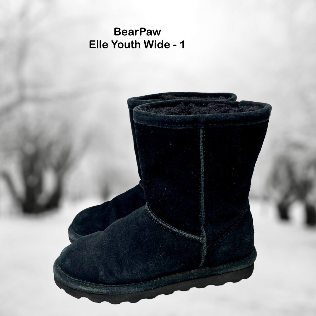 BearPaw Youth Elle Black Cow Suede Wool Blend Short Snow Boot Size