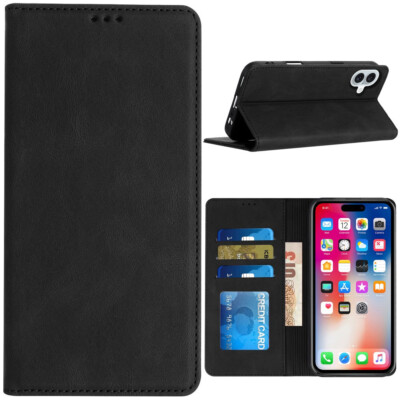 Leather Folio Wallet Case for iPhone 16 Plus - Black