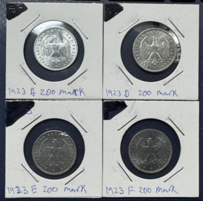 Lot of 4 Germany 1923 200 Mark Coin Weimar Republic KM#35 (A,D,E,F mint marks)
