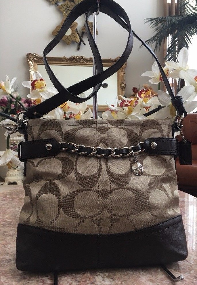 Coach Signature Women's Beige Sateen Chain Duffle Cross-body Bag