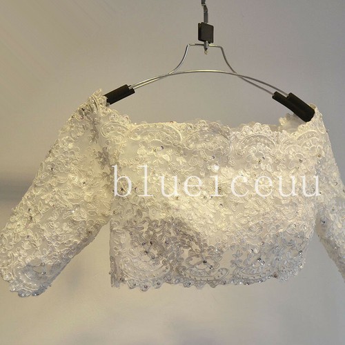Off Shoulder Wedding Dress Jacket 3/4 Illusion Sleeves White/Ivory Lace Boleros - Picture 10 of 10