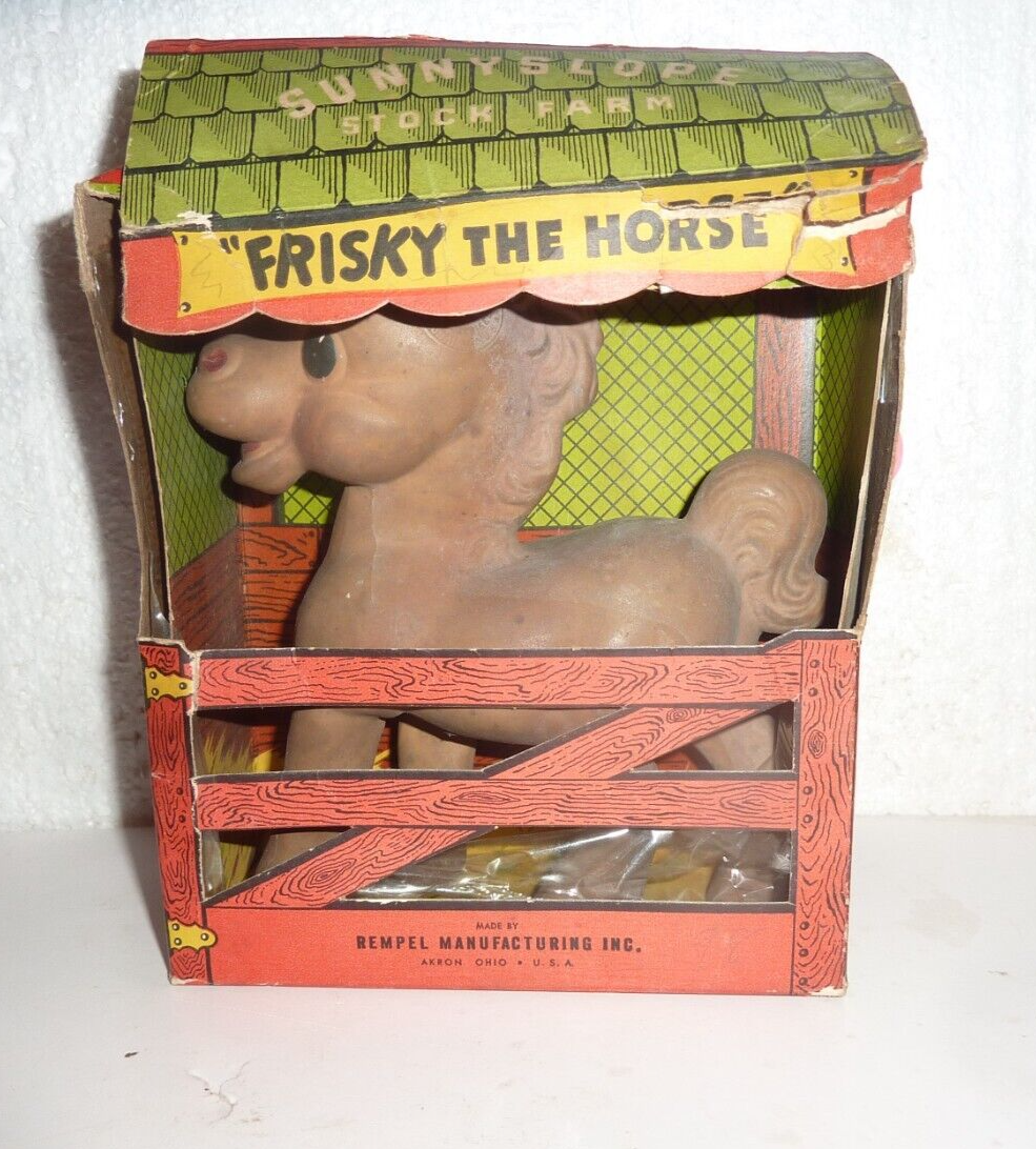 Vintage Rempel Sunnyslope Stock Farm Frisky The Horse Rubber Toy with Original Cardboard Barn