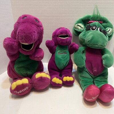 Vintage Barney, Barney Puppet & Baby Bop Plush 1992 Lot, (2) - 14'' & (1) - 10''