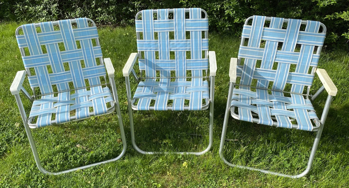 Vtg Sunbeam Aluminum Webbed Folding Beach Lawn Chairs Blue White