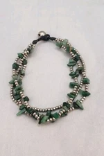 Green Aventurine Stone Chip Beaded Silver Tone Metal Boho Theme 10 in Anklet