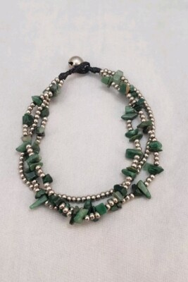 Green Aventurine Stone Chip Beaded Silver Tone Metal Boho Theme 10 in  Anklet