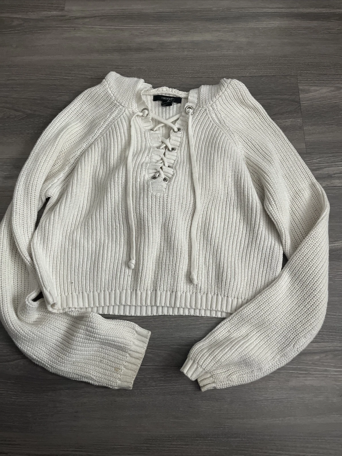 OFF WHITE Maglione Forever21 con cappuccio e pizzo sul davanti tagliato taglia M cotone acrilico bianco sporco