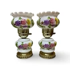 VTG Milk Glass Hand Painted Floral Design Hurricane Style Lamp Pair - TESTED