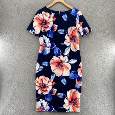 Tahari Dress Womens 6 Blue Multi Floral Shift Short Sleeve Stretch Career Work