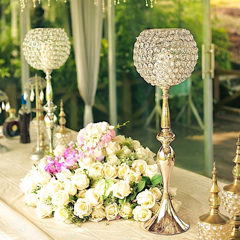 GOLD METAL 30" tall Crystal Beaded Goblet Ball Candle Holder Table Centerpieces