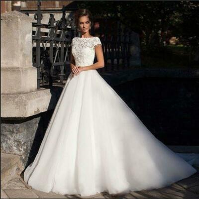 Short Sleeve Wedding Dress Backless Lace with Beaded Pearls | eBay