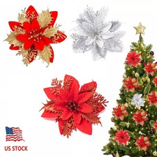 10Pack Christmas Poinsettia Hanging Artificial Flowers Xmas Tree Glitter Decor