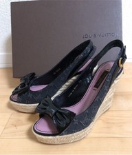LOUIS VUITTON Logo LV Monogram Denim Wedge Sole Sandals Mules Pumps Women 35