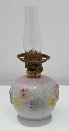 Consolidated Glass Mini Oil Kerosene Lamp Cosmos Milk Hobnail Glass Abco Nutmeg