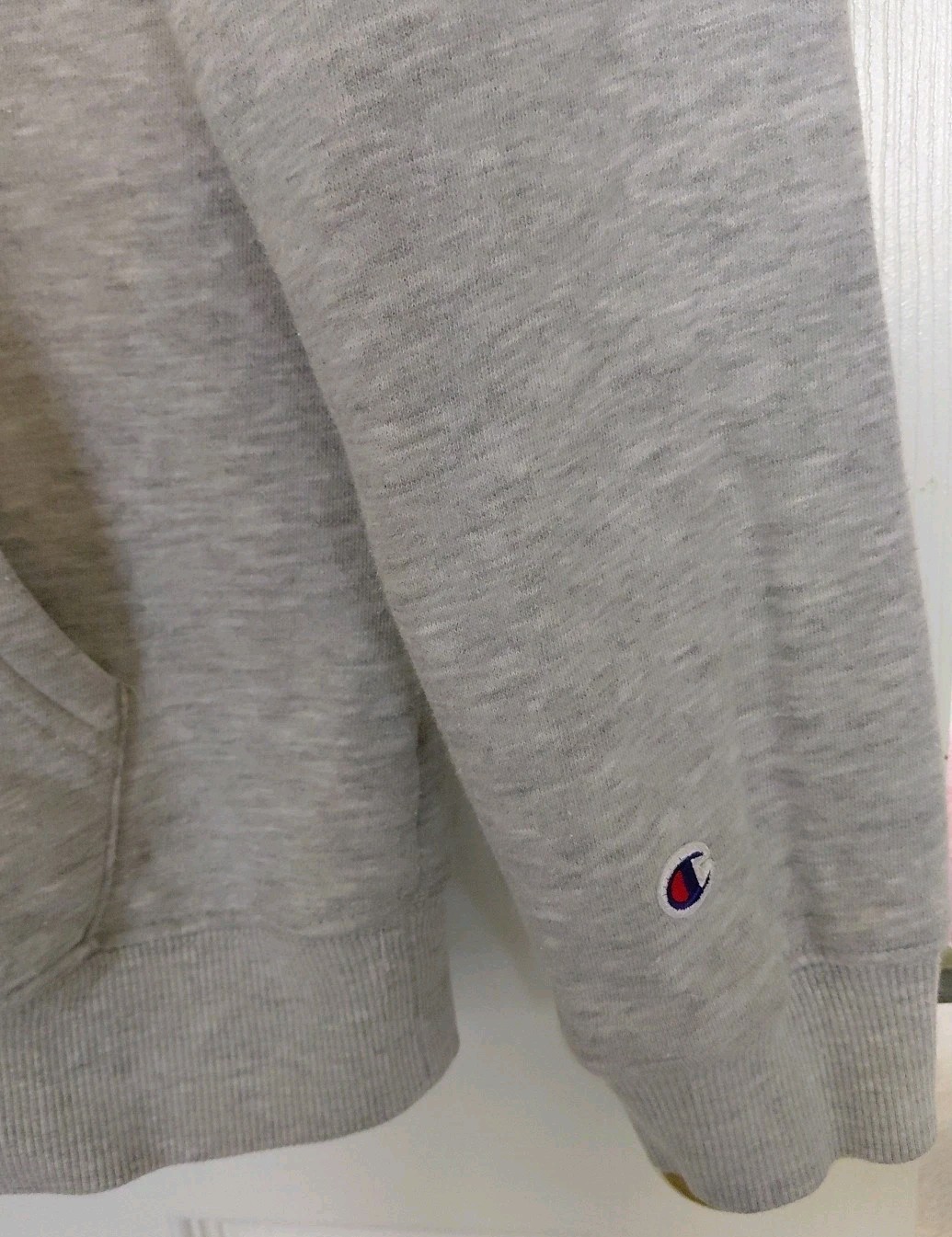 Champion Hoodie Youth L 10-12 Gray Heather Pullover Spell-Out Logo Drawstring image 3