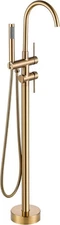 Freestanding Floor Mounted Tub Filler Faucet Brushed Gold Handheld Sprayer