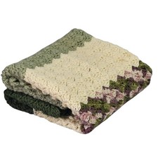 Handmade Crochet Baby Crib Blanket Afghan Chunky Knit Stripe Green Ivory Floral