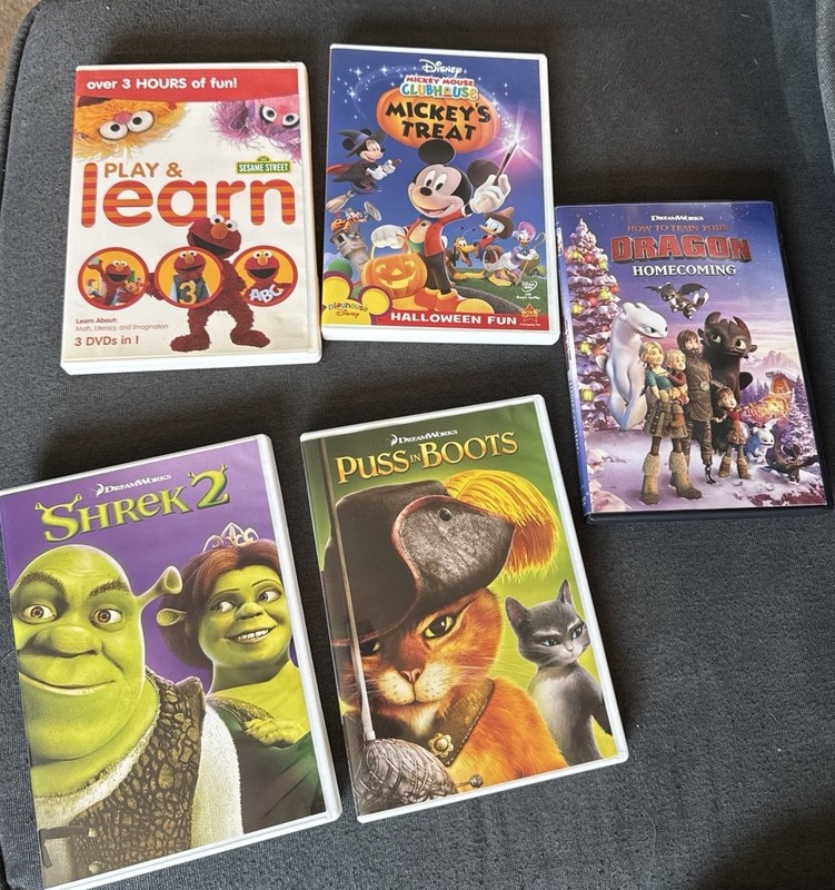 Kids DVD Lot Sesame Street Elmo Mickey Clubhouse Halloween Puss Shrek 2 Dragon