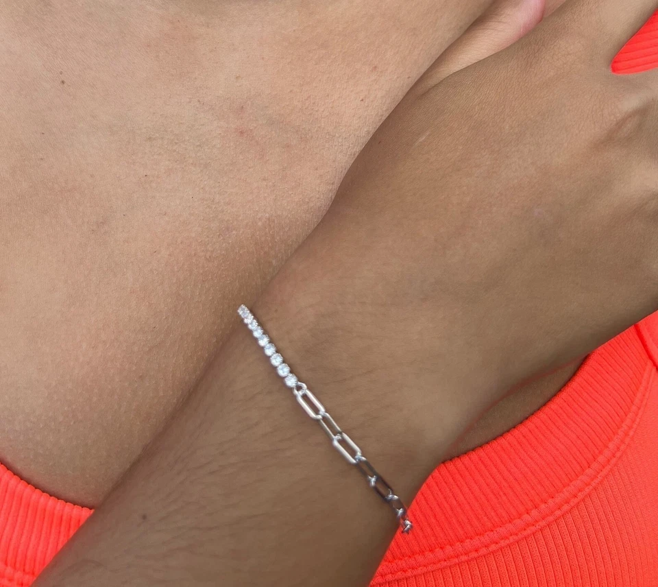 Diamond Bracelet D-F VS1 1Ct Round Half Eternity Lab created 14K White Gold Over - Image 2 of 3