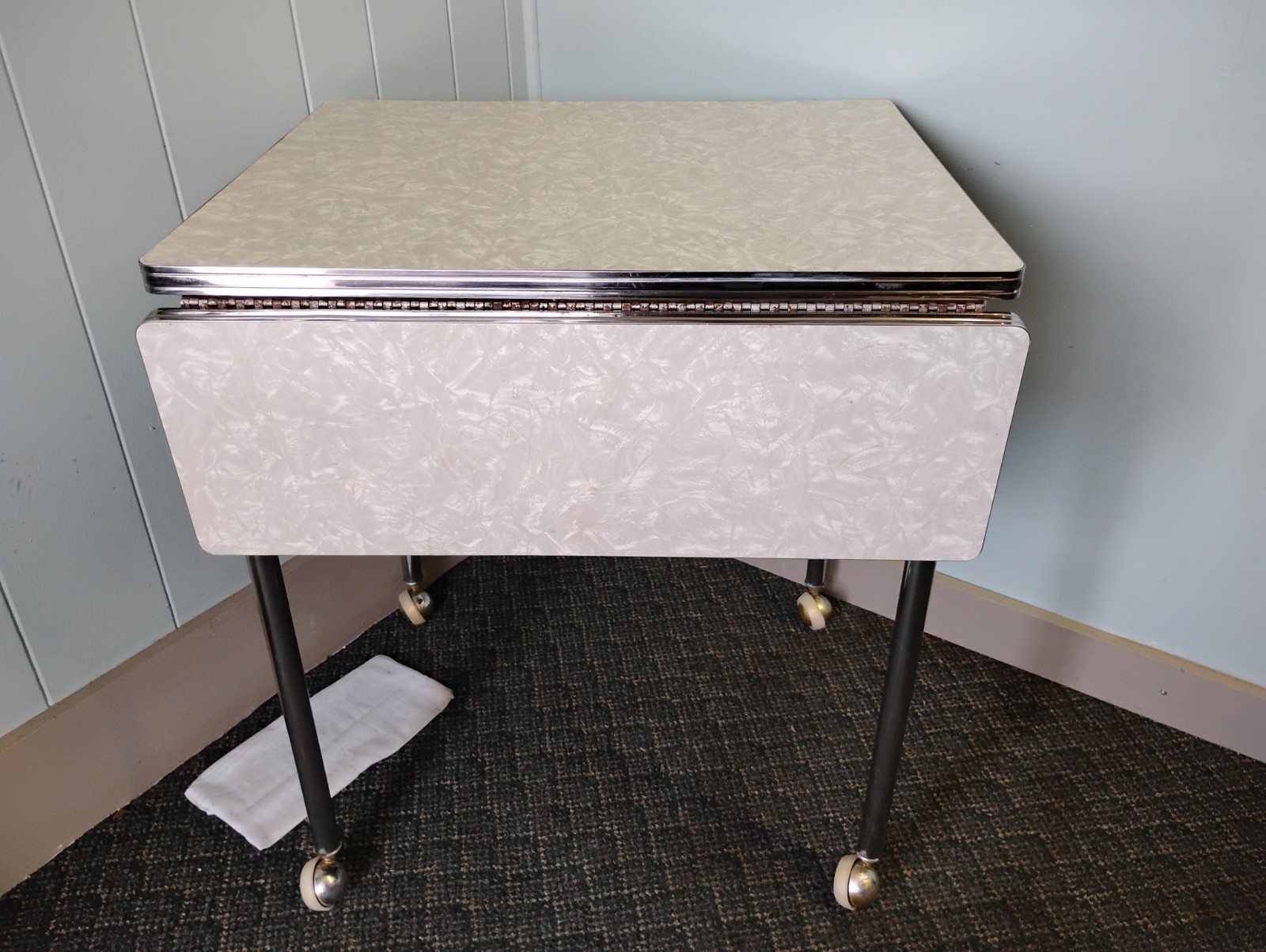 50's Chrome & Cracked Ice Formica Drop Leaf Table Cart w/Drawer Wheels 27"T MCM
