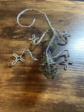Vintage Gecko Lizard Beaded Metal Spring Wire Folk Art 8.75”