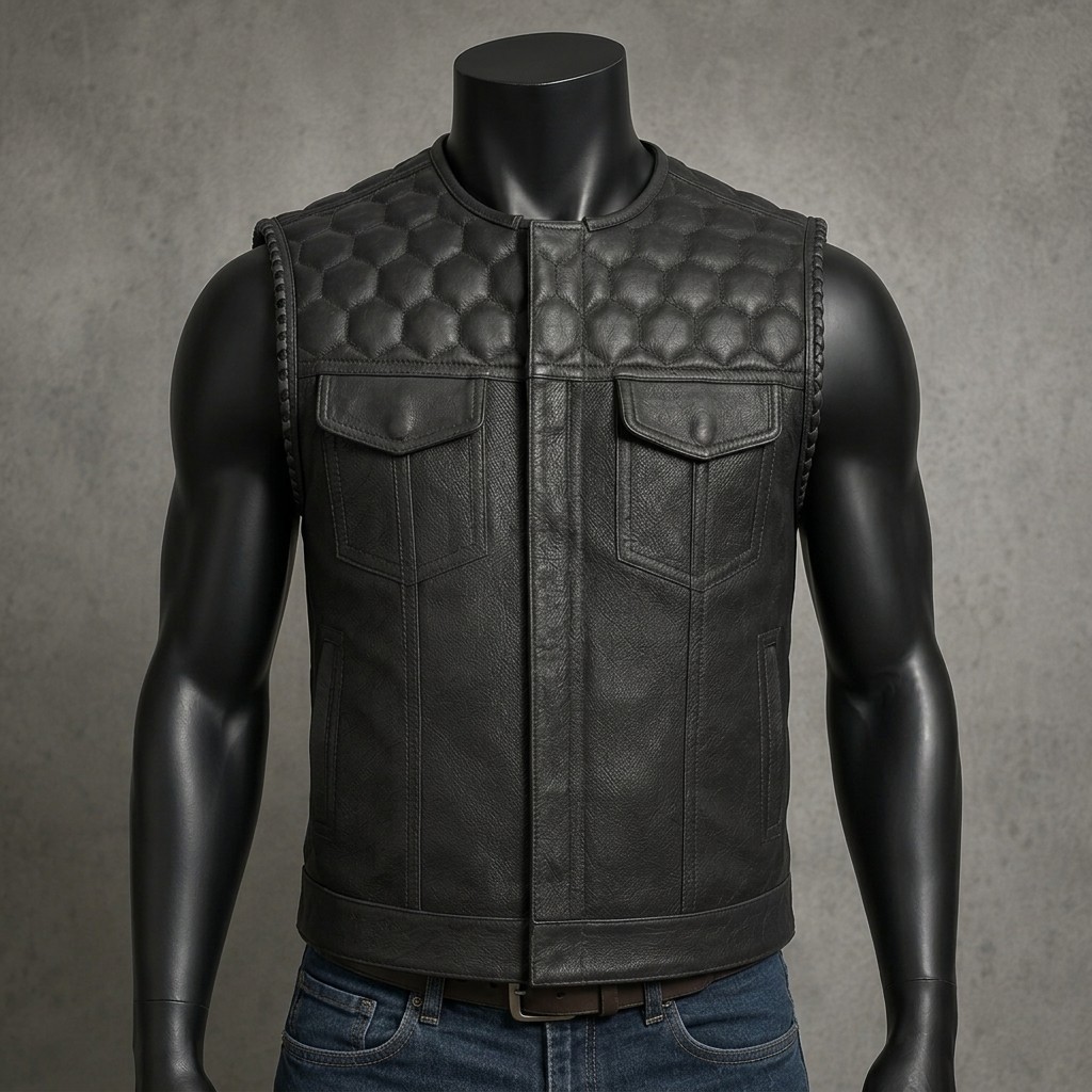 Chaleco de motociclista estilo club de motocicleta perforado de cuero genuino para hombre