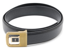 Yves Saint Laurent Leather Belt Black Gold Buckle Vintage Logo Women YSL
