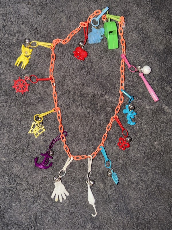 Retro 1980s Bell Charm Necklace Vintage Plastic Clip On With 13 Charms