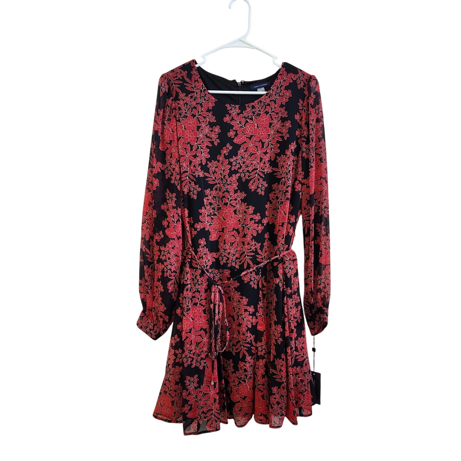 Tommy Hilfiger Floral Long Sleeve A-Line Dress in Red and Black Size 12 Knee Length