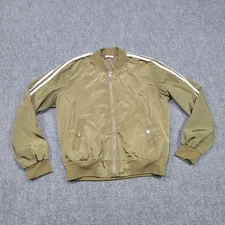 San Joy Bomber Jacket Womens Large Olive Green Stripe Casual Zip Up Lightweight