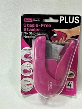 PLUS Paper Clinch Compact Staple Free Stapler PINK New