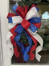Handmade Red White Blue Patriotic 4th Memorial Day Wreath Lantern Bow Decor