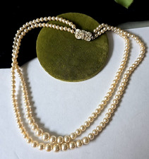Vintage 50s Rhodium Plated Clasp 2 Strands Faux Pearls Choker Necklace 16"L