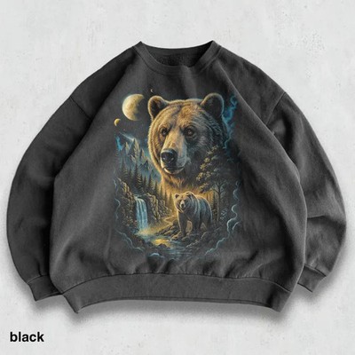 Moonlit Bear Forest Waterfall Sweatshirt Nature Wildlife Camping Gift Top