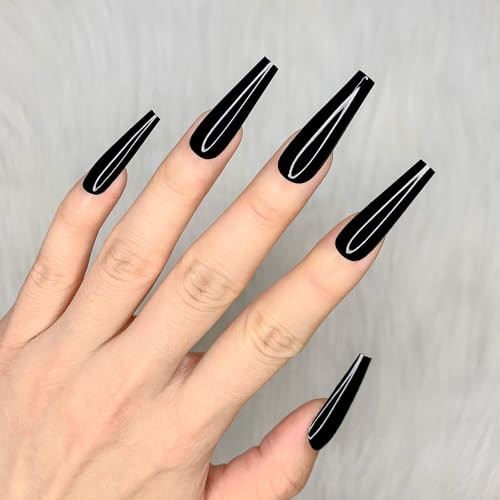 24pcs Black Pure Color Ballerina Long Coffin Glossy Fake Nails Press on Nail - Picture 5 of 6