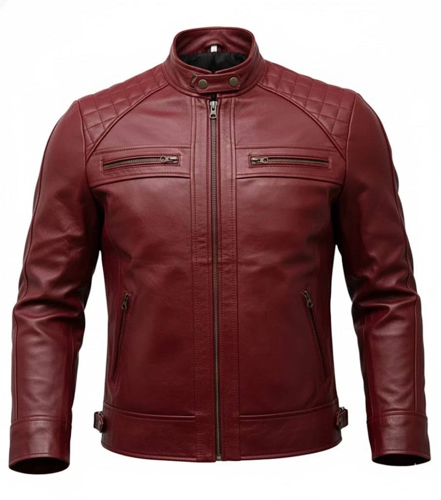 Men's Red Cowhide Leather Cafe Racer Moto Jacket