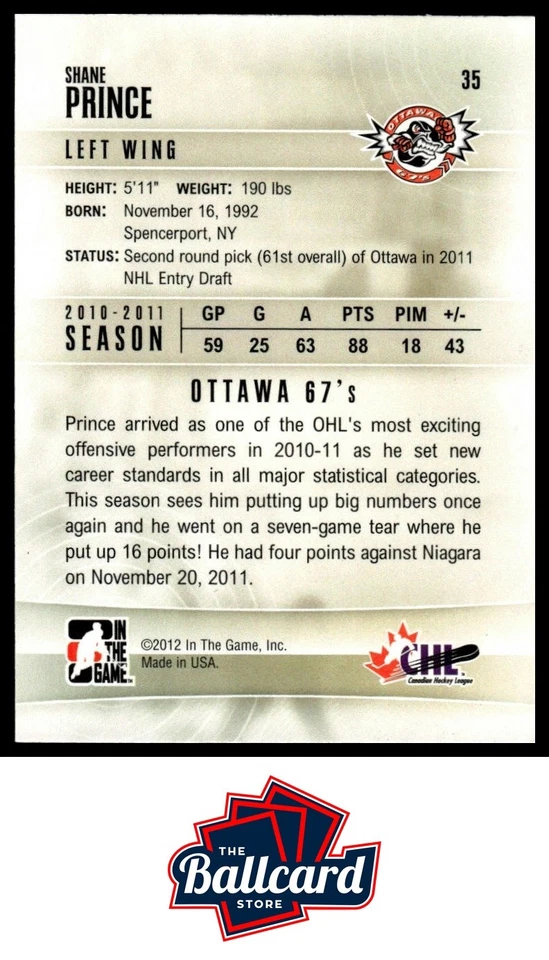 2011-12 In The Game Heroes and Prospects #35 Shane Prince - Image 2 of 2