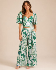 Green White Botanical Print 2 Piece Top Wide Leg Pants Set Women  s Size S