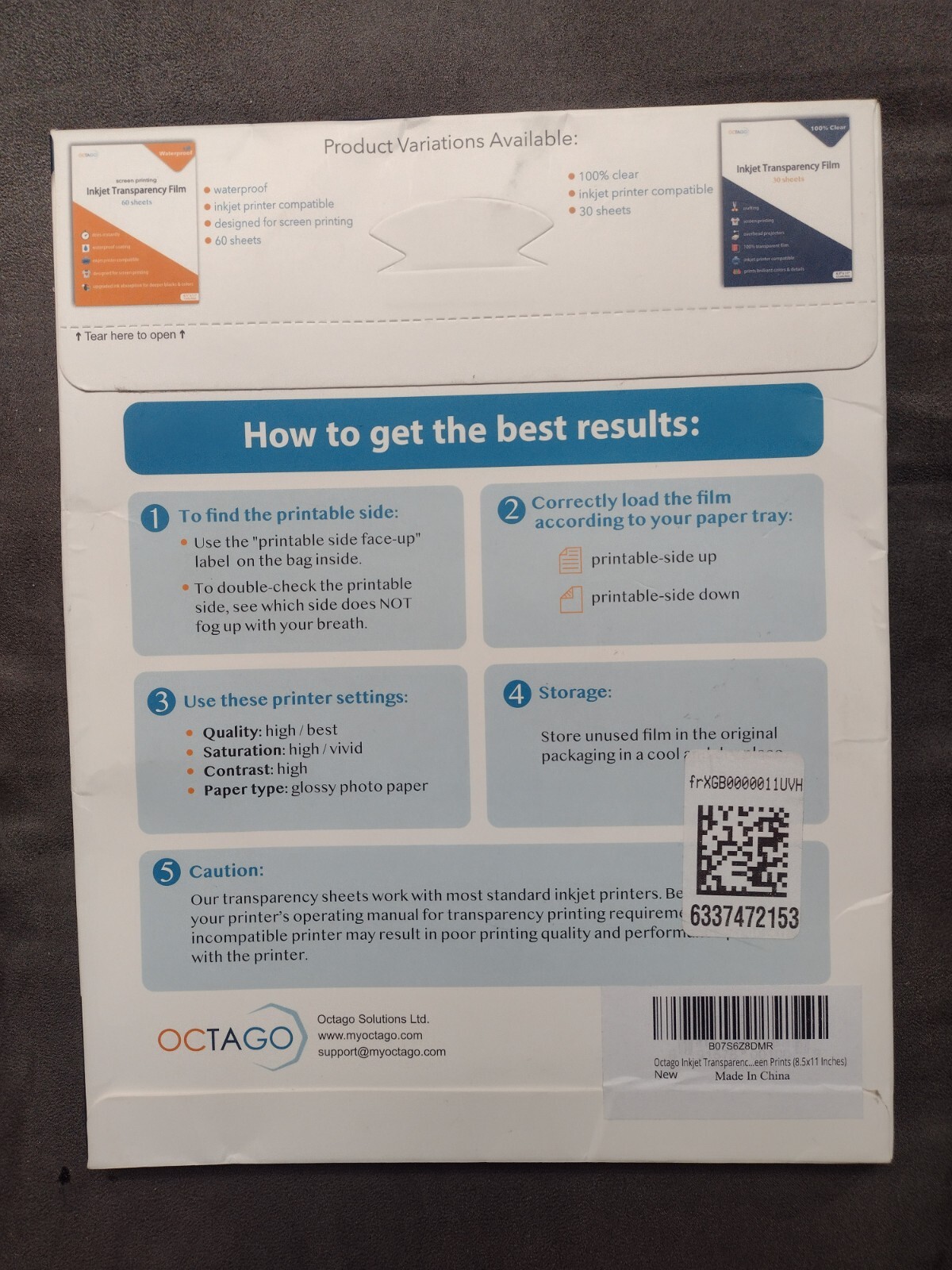 Octago Transparency Sheets Octago Inkjet Transparency film Paper 100% Clear Printers Color Inkjet ...