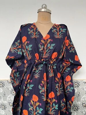 Indien Bleu Marine Imprimé Floral Caftan Été Bikini Couvre Maxi Plage Caftan US - Photo 1/4