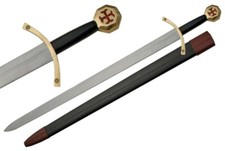 Templar Knight Crusade Sword Brass Guard  Pommel Maltese Cross Leather Sheath
