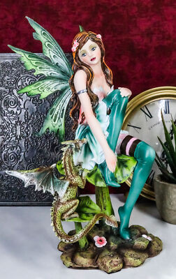 Ebros Beautiful Gaia Pixie Fairy With Green Wyrmling Dragon Statue 9.5''Tall