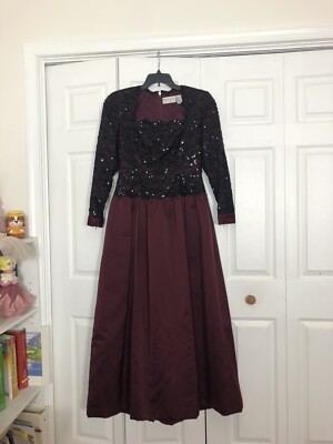 Vintage Black Tie Oleg Cassini 10 Burgundy Sequin Dress Gown Lace