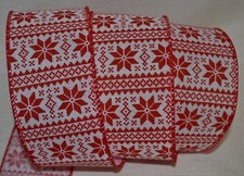 Wired Ribbon Christmas Red Poinsettia Stripe Holiday White 2.5" Wreath Bow