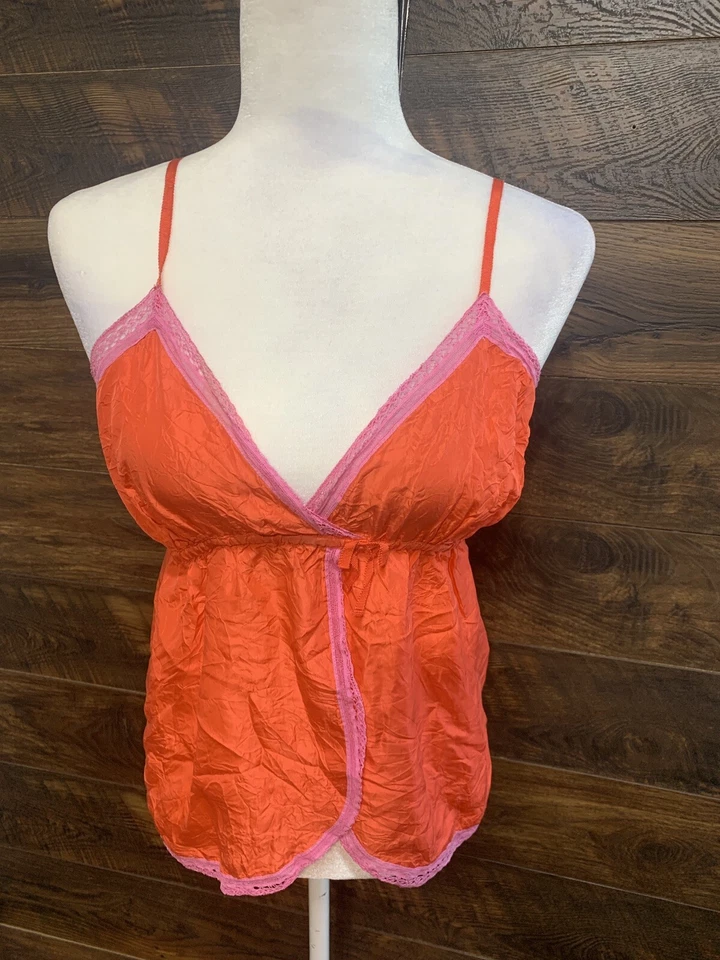 Victoria Secret Camisole Small PINK Silk Orange Pink Lace Vintage Rare Babydoll - Image 4 of 4