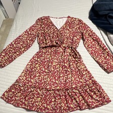 Red Floral Wrap Dress Knee Length Long Sleeve Ruffle Hem Tie Closure V-Neck