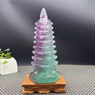 940g Natural Fluorite Quartz Carved Wenchang Pagoda Crystal Energy Reiki Decor