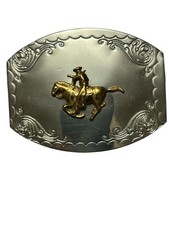 Cowboy Horse Silver Tone Buckle w/Brass tone Bronco Overlay Filigree Edge