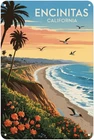 Encinitas California Tin Metal Signs Home Décor, Vintage Seaside Coastal print A
