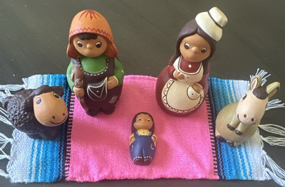 Vintage Mexican 6 Pc. Nativity Set Folk Art Hand Painted Pottery Made in Mexico